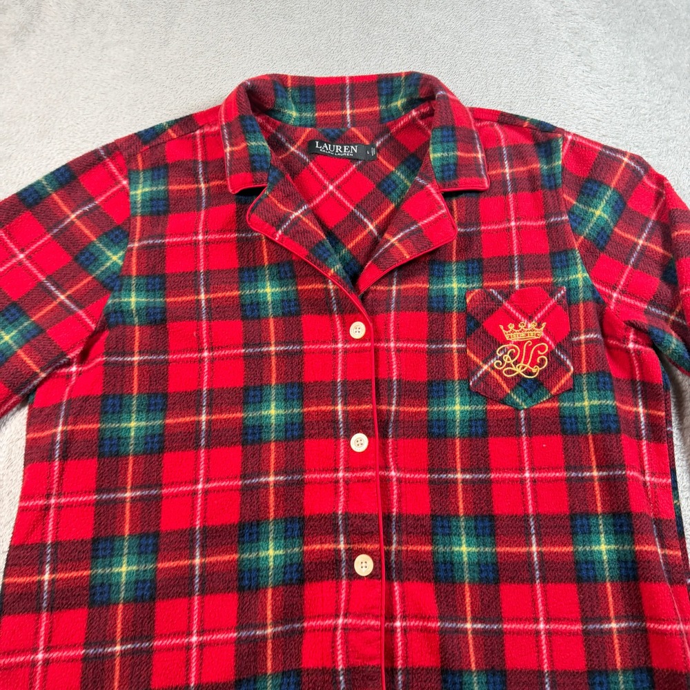 Lauren Ralph Lauren Pajama Top Womens Large Red Plaid Fleece Button Up LN92205